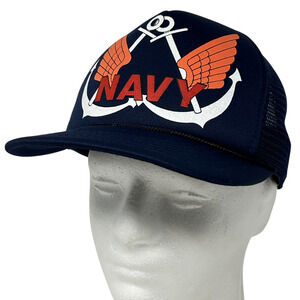 Vintage 80s US Navy Trucker Hat Cap USN Wings Anchors Military Snapback Blue